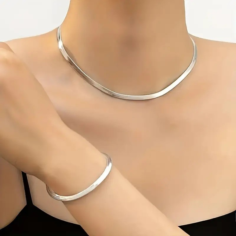 Flat Snake Silver Chain Necklace And Bracelet Set