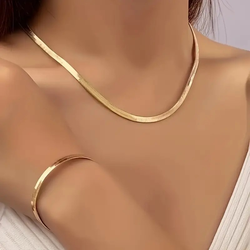Flat Snake Chain Necklace and Bracelet Set